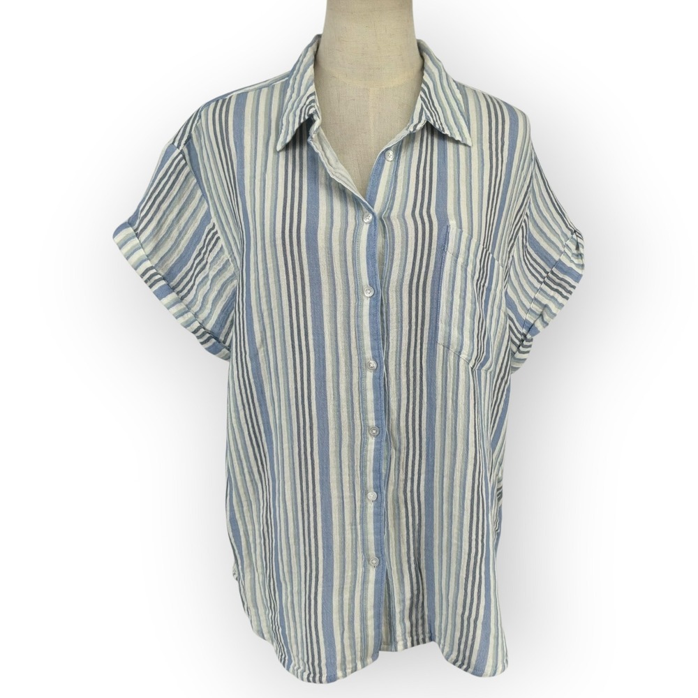 Caslon Blue White Striped Cotton Gauze Button Front Shirt Short Sleeve Large NEW